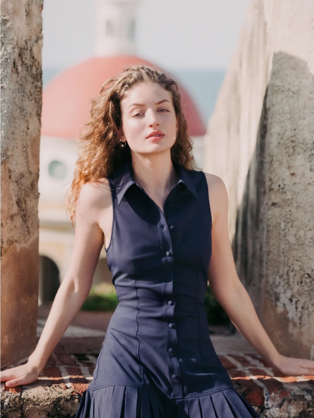 Sleeveless Navy Button-Front Dress